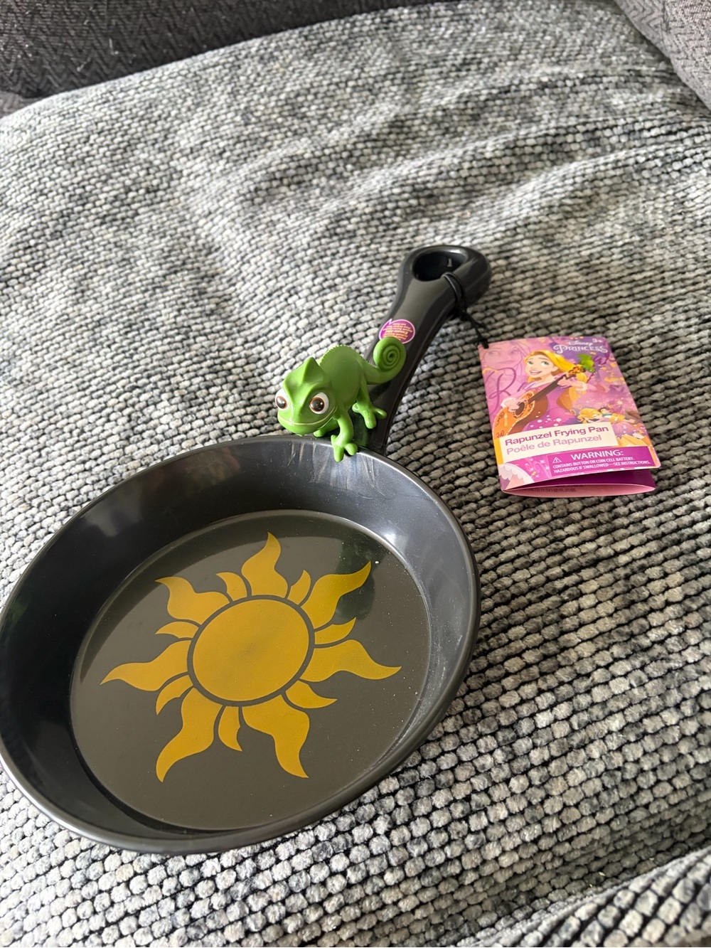 Disney Rapunzel Toy Frying Pan with Yellow Sun and Green Pascal Figurine